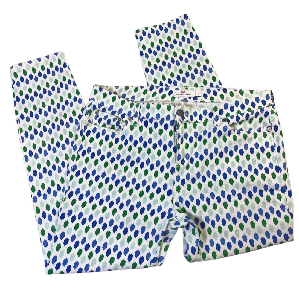 Vineyard Vines Ikat Dot Print Denim Jeans Women's sz 14 White Blue Green Coastal